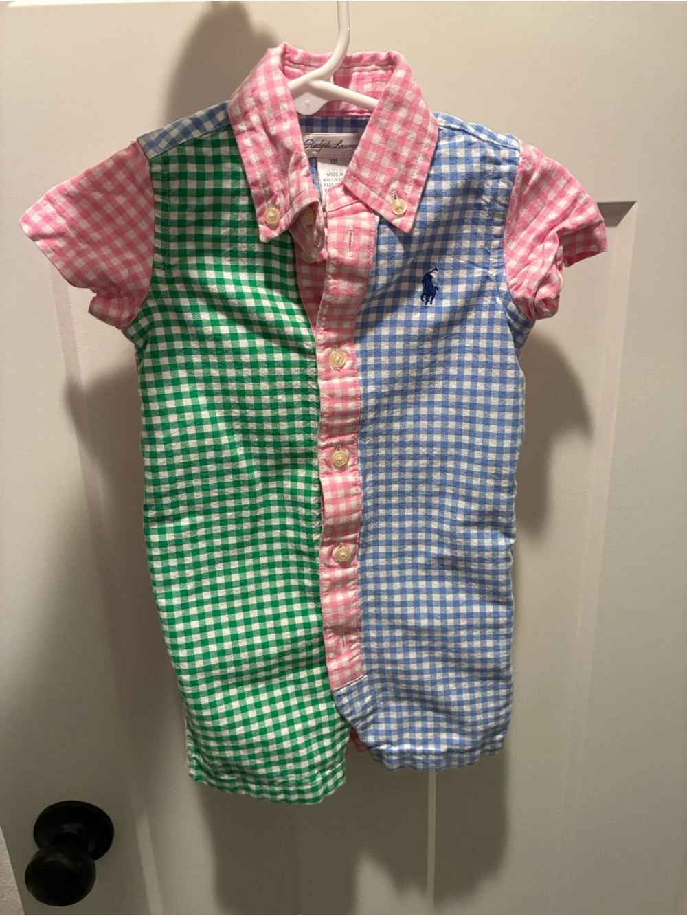 Ralph Lauren Kids Multicolor Gingham Polo Romper - Pink/Green/Blue